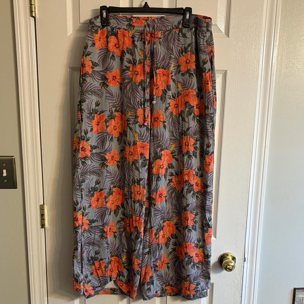 Revery Floral Gray and Orange Women's Pants with pockets Sz XL